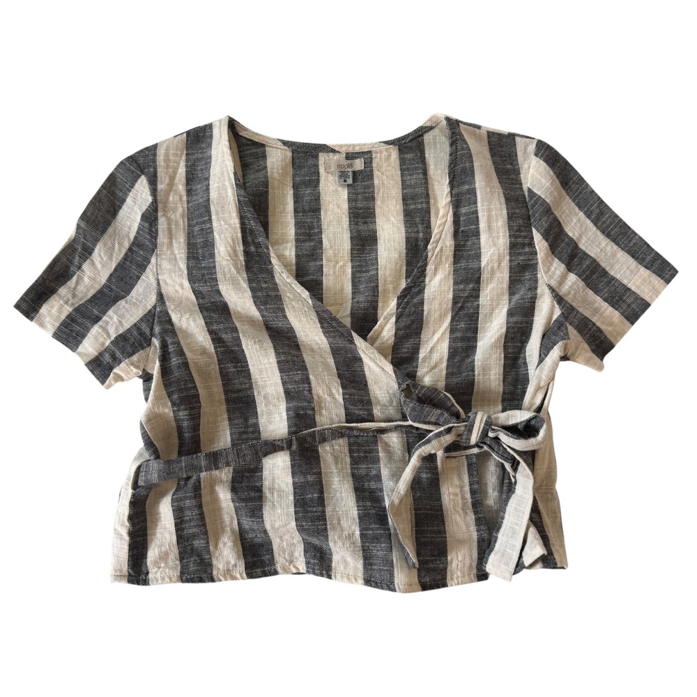 Ecote Wrap‎ Top Black Ivory Stripe Cotton Tie Waist Short Sleeve S Boho